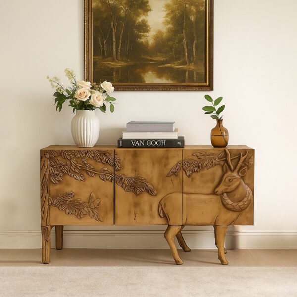 Artistic handcrafted Sheesham wood console table with a sculpted deer and nature-inspired design, perfect for rustic or nature-themed decor