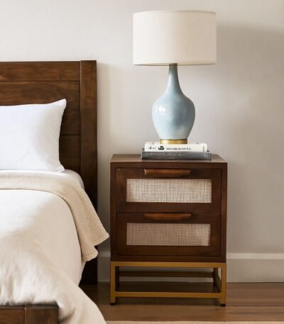 Rattanroot bedside table with dark wood finish, dual rattan drawers and brass legs