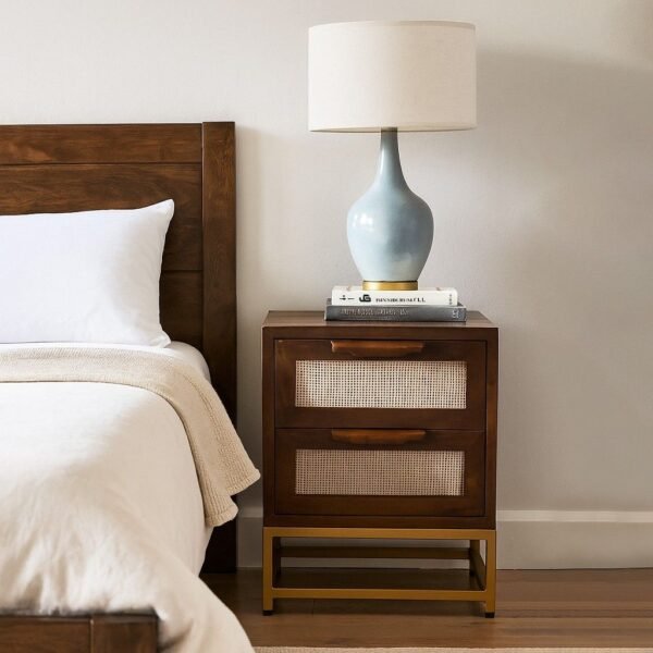 Rattanroot bedside table with dark wood finish, dual rattan drawers and brass legs