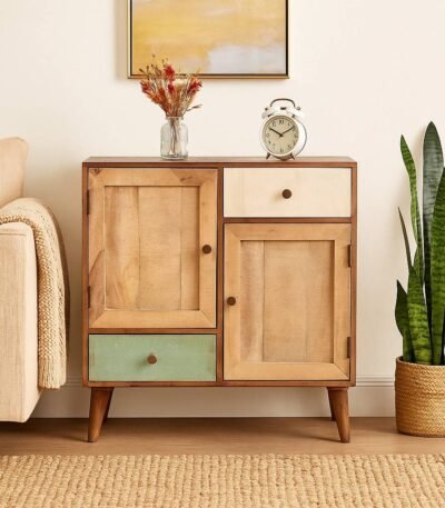 Rustic multi-tone wood cabinet with multi colour panels and drawers