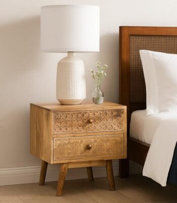 SideNest mango wood bedside table with ethnic carved drawers and angled legs