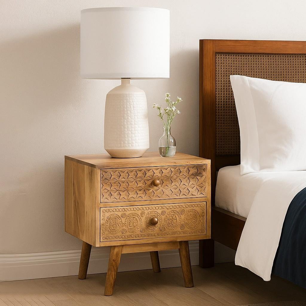 SideNest mango wood bedside table with ethnic carved drawers and angled legs
