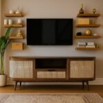 handcrafted Sheesham wooden TV unit in walnut finish with cane doors, open shelf, and drawer – mid-century style entertainment console
