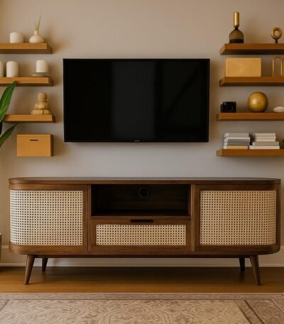 handcrafted Sheesham wooden TV unit in walnut finish with cane doors, open shelf, and drawer – mid-century style entertainment console