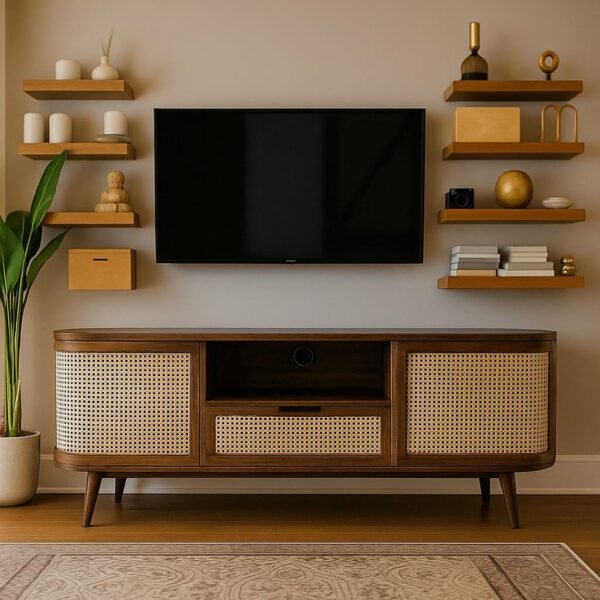 handcrafted Sheesham wooden TV unit in walnut finish with cane doors, open shelf, and drawer – mid-century style entertainment console