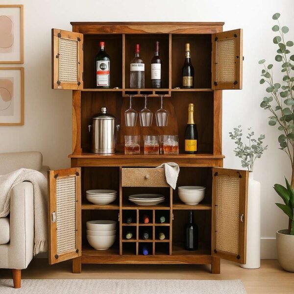Driftbar – Handcrafted Sheesham Wooden Bar Cabinet with Rattan Doors
