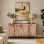 Natural wood sideboard with rattan cane arched panel doors