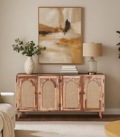 Natural wood sideboard with rattan cane arched panel doors