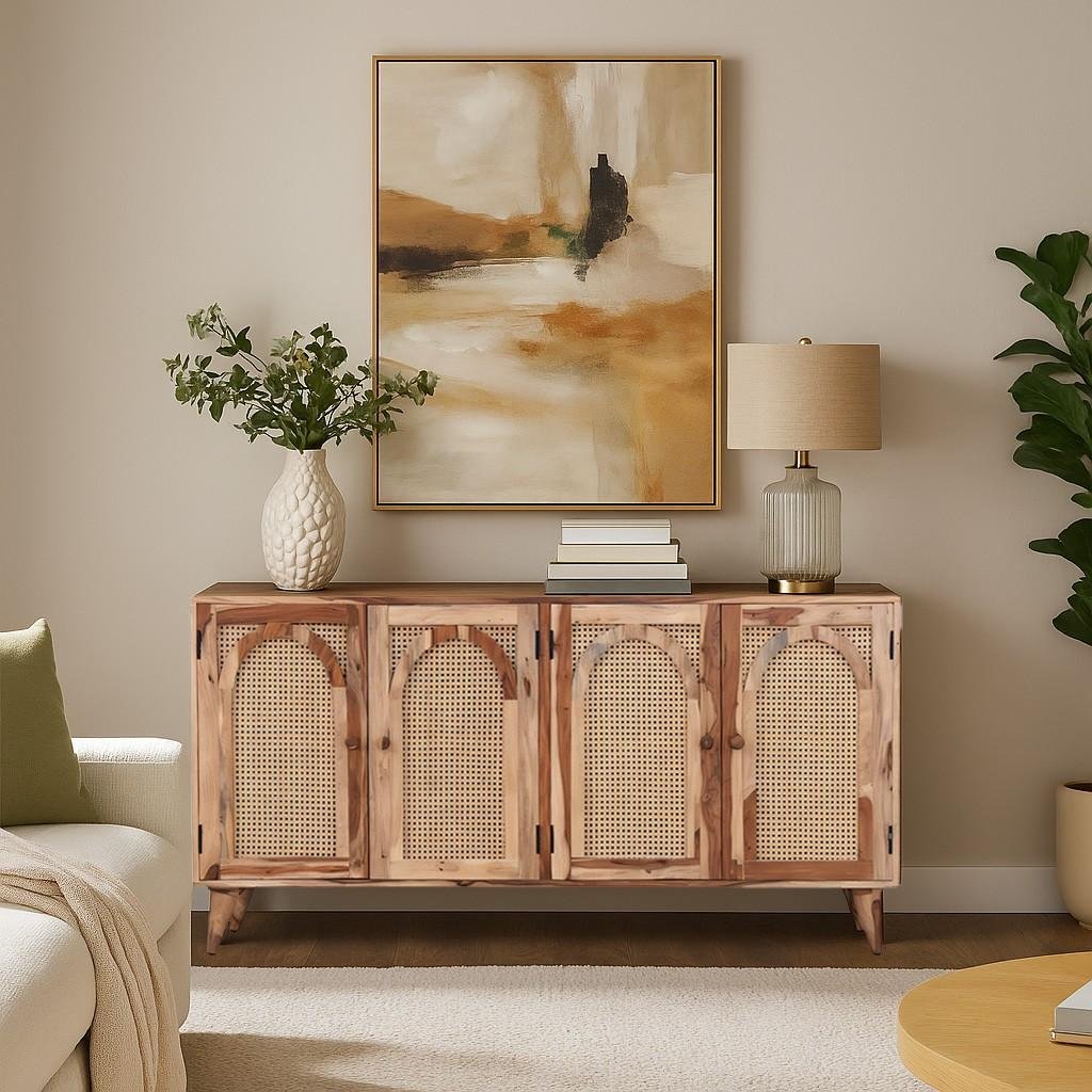 Natural wood sideboard with rattan cane arched panel doors