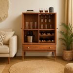 Elegant teak wooden bar cabinet with glass holders, wine bottle racks, and storage shelves, perfect for a modern home bar setup.
