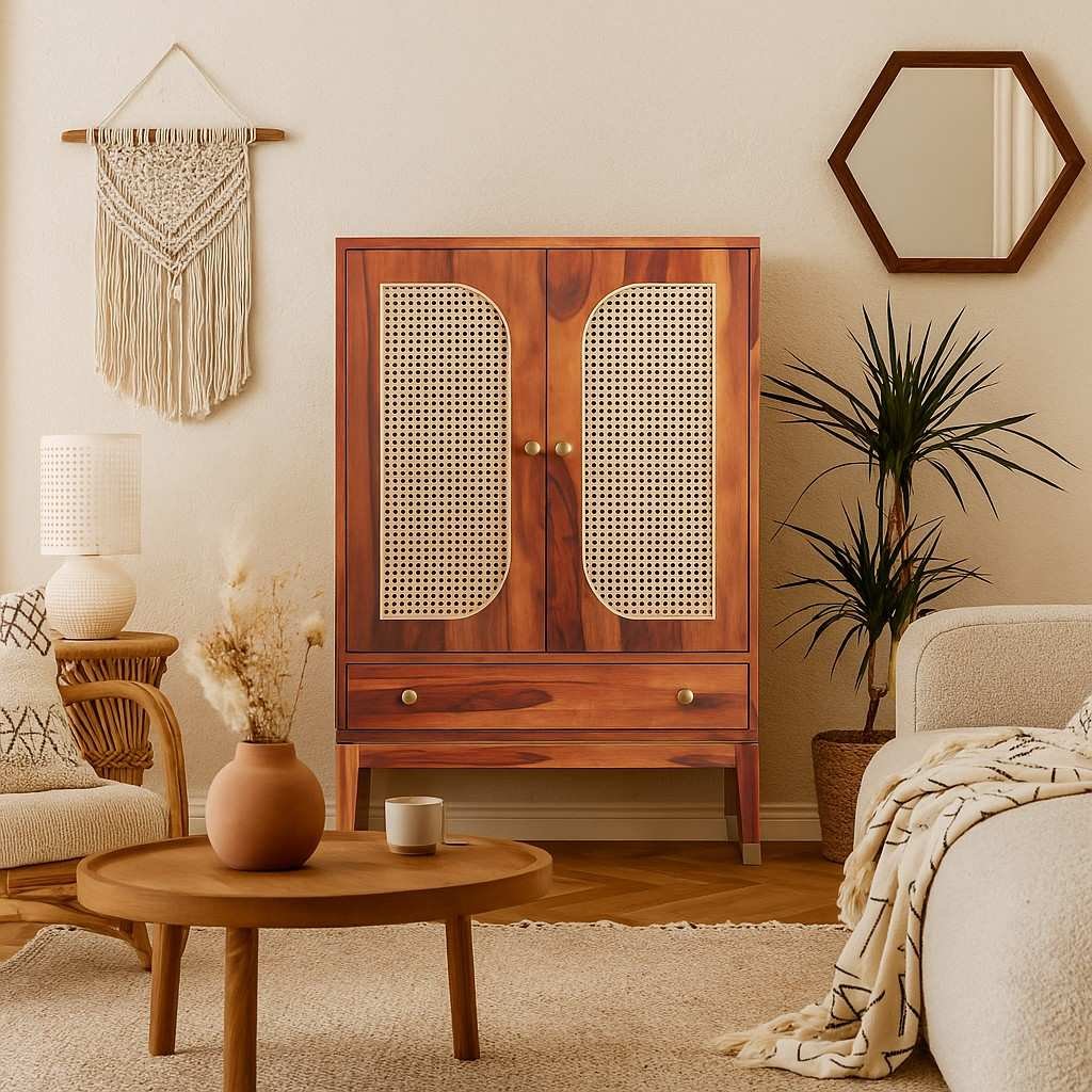 Elegant teak wooden bar cabinet with glass holders, wine bottle racks, and storage shelves, perfect for a modern home bar setup.