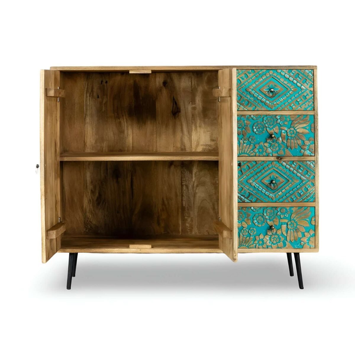 "Handcrafted mango wood chest of drawers with floral carvings and natural green finish – rustic artisan storage cabinet"