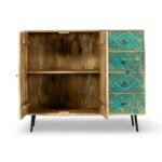"Handcrafted mango wood chest of drawers with floral carvings and natural green finish – rustic artisan storage cabinet"