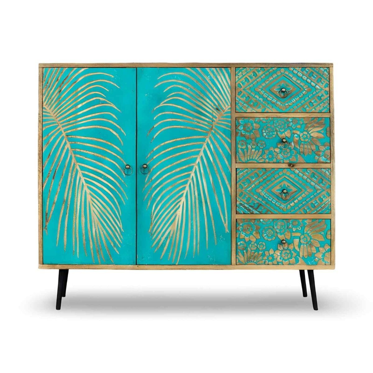 "Handcrafted mango wood chest of drawers with floral carvings and natural green finish – rustic artisan storage cabinet"