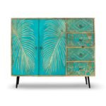 "Handcrafted mango wood chest of drawers with floral carvings and natural green finish – rustic artisan storage cabinet"