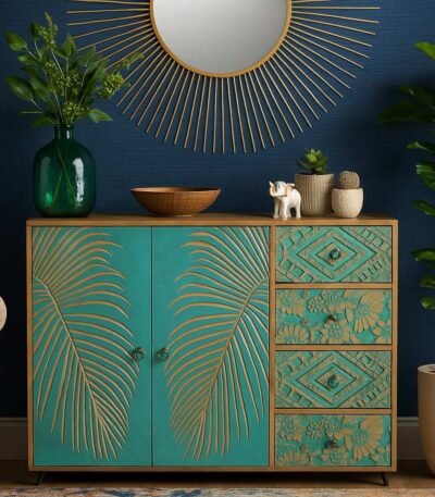 "Handcrafted mango wood chest of drawers with floral carvings and natural green finish – rustic artisan storage cabinet"