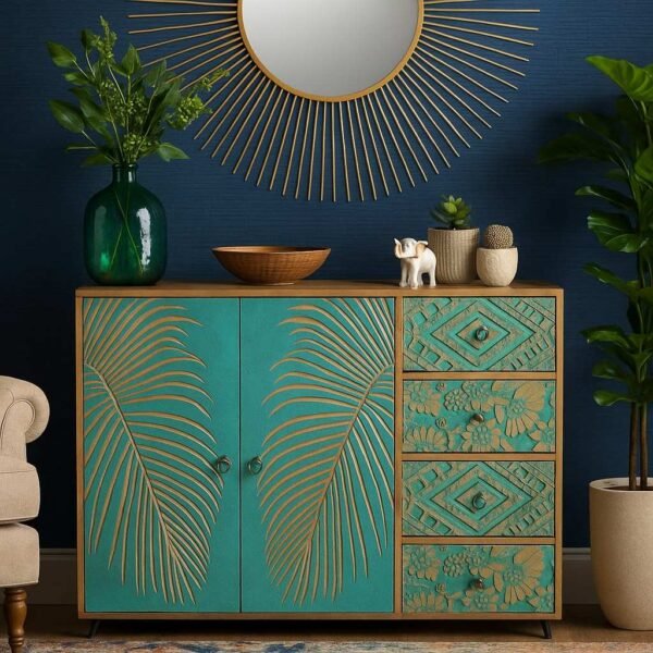 "Handcrafted mango wood chest of drawers with floral carvings and natural green finish – rustic artisan storage cabinet"