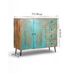 "Handcrafted mango wood chest of drawers with floral carvings and natural green finish – rustic artisan storage cabinet"