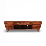 Sleek handcrafted Sheesham wood TV unit with angled side panels and modern drawer handles
