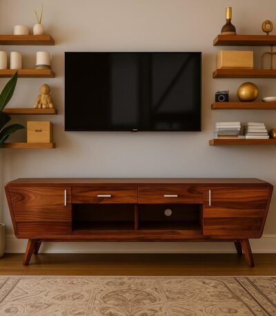 Viewlen handcrafted Sheesham wooden TV unit with tapered legs, slanted sides, and dual drawers and cabinets – modern solid wood entertainment stand