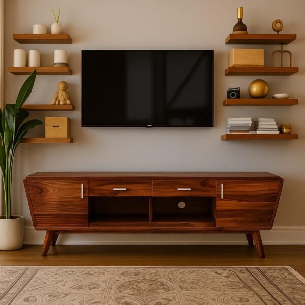 Viewlen handcrafted Sheesham wooden TV unit with tapered legs, slanted sides, and dual drawers and cabinets – modern solid wood entertainment stand