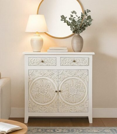 “White Mango Wood Sideboard with Intricate Hand-Carved Floral Panels – Traditional Indian Design”