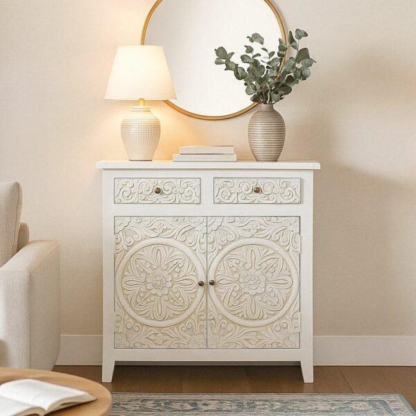 “White Mango Wood Sideboard with Intricate Hand-Carved Floral Panels – Traditional Indian Design”