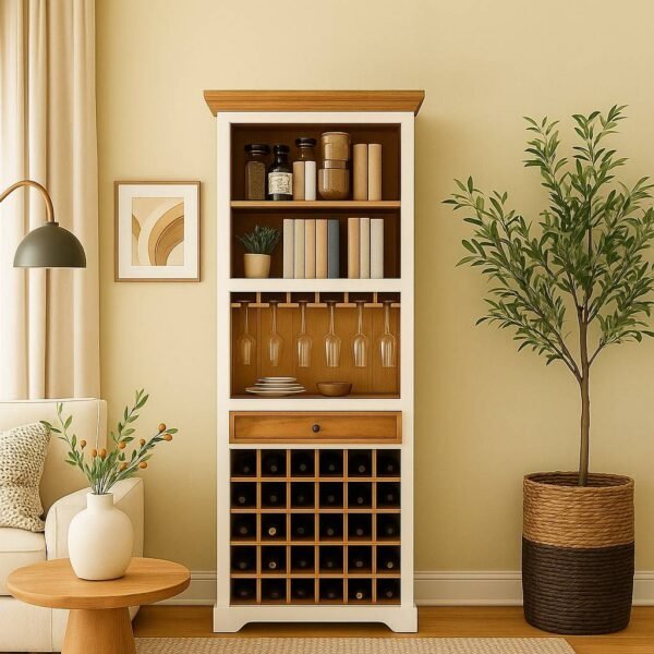 Stylish white and oak wooden bar cabinet with wine bottle storage grid, hanging glass rack, and open shelves for a modern home bar.