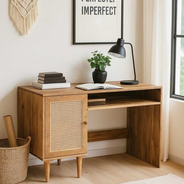 Woodwise – Handcrafted Sheesham Wooden Study Table with Cane Cabinet
