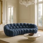 Unique handcrafted mango wood bubble sofa in blue velvet with plush, rounded cushion design