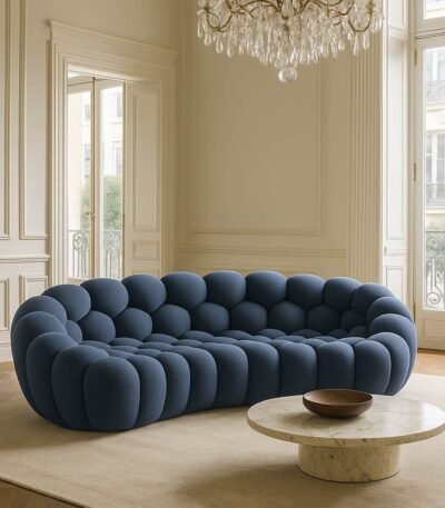 Unique handcrafted mango wood bubble sofa in blue velvet with plush, rounded cushion design