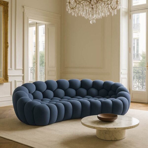Unique handcrafted mango wood bubble sofa in blue velvet with plush, rounded cushion design