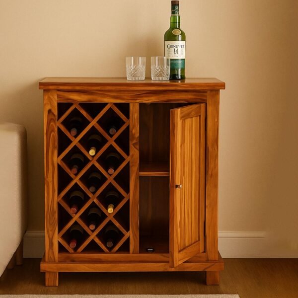 Sipcrate Handcrafted Sheesham Wood Wine & Bar Cabinet | Compact Storage Unit- Wooden Slice