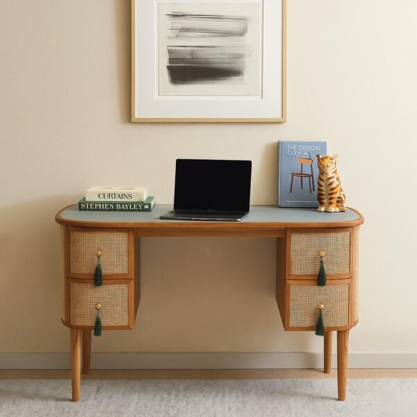CaneCrest Sheesham Wood Study Table with Rattan Drawers ! Mid-Century Vanity Desk- Wooden Slice