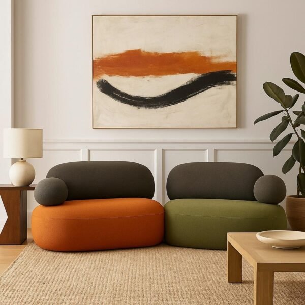Modern handcrafted mango wood sofa in dual-tone upholstery with rounded arms and playful design