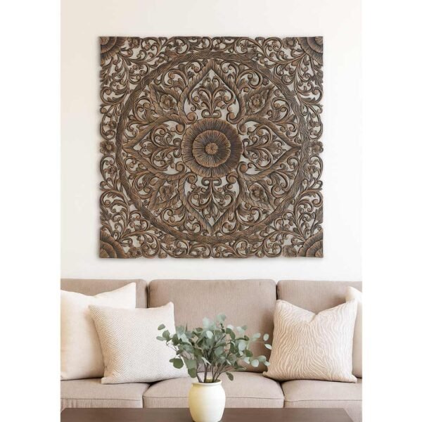 Baroda Bloom Handcrafted Sheesham Wood Carved Mandala Wall Art | Traditional Brown Wooden Panel Decor