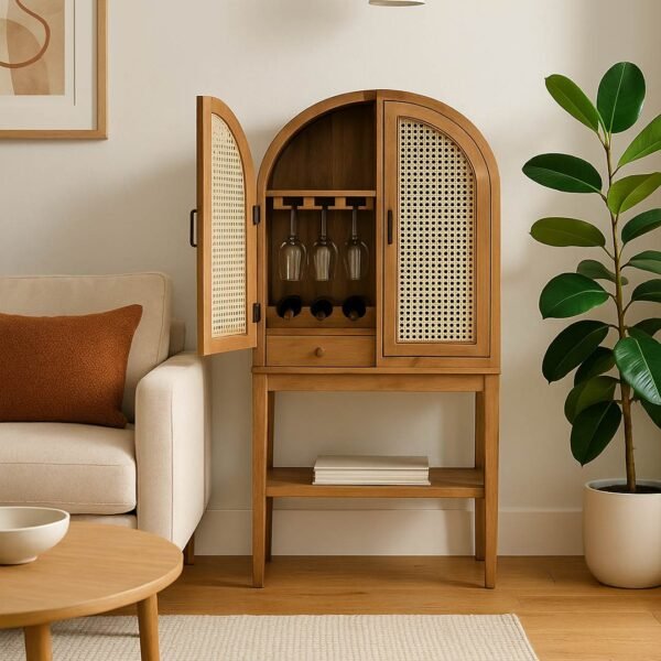 Bruzzo Handcrafted Sheesham Wood Bar Cabinet with Rattan Cane Weave | Wooden Bar & Wine Cabinet- wooden slice