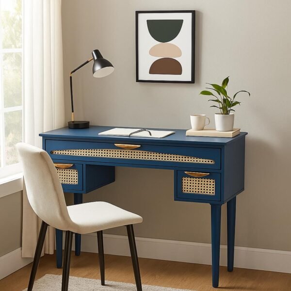 Blue Harmony Sheesham Wood Study Table with Rattan Drawers - Modern Blue Writing Desk- Wooden Slice