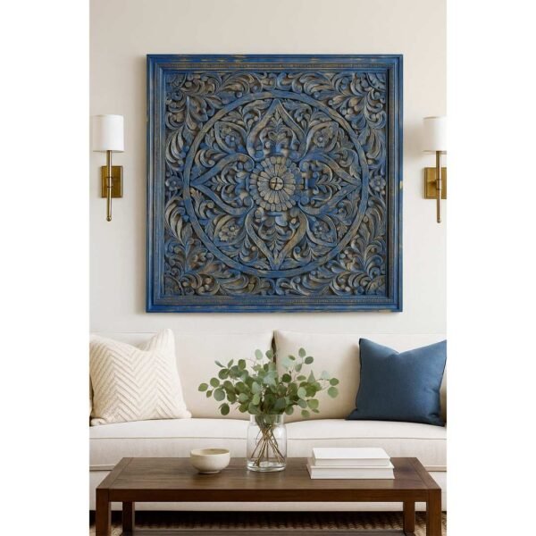 Muralyn Handcrafted Sheesham Wood Carved Wall Panel | Distressed Blue Mandala Wall Art