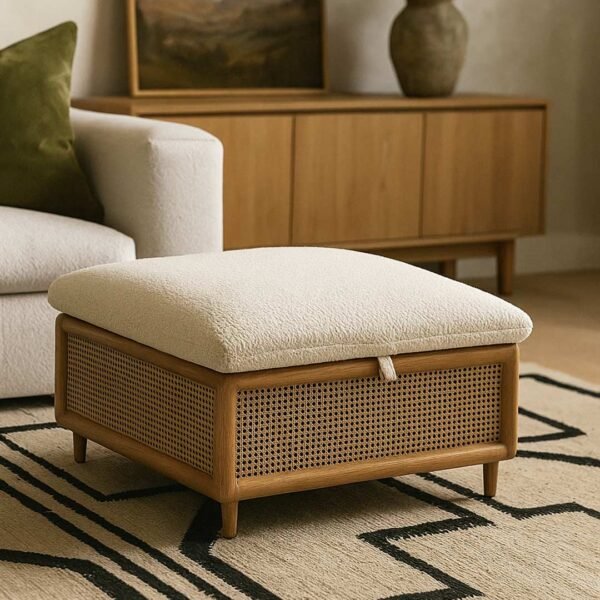 Mora Mango Wood Rattan Storage Ottoman with Lid - Square Lift-Top Accent Bench