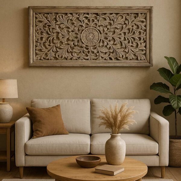 Artara Handcrafted Mango Wood Carved Wall Panel | Distressed White Rustic Wall Art- Wooden Slice
