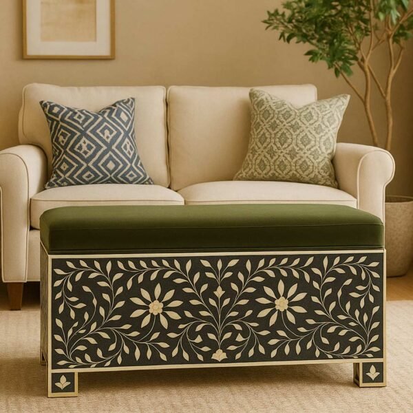 Forest Bloom Handcrafted Bone Inlay & Wood Storage Ottoman | Floral Motif Storage Chest