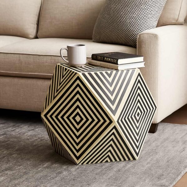 Zentra Geometric Inlay Mango Wood Side Table - Modern Hexagonal Accent End Table