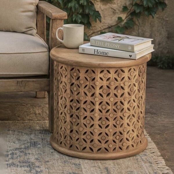 Stubo Hand-Carved Natural Sheesham Wood Drum Side Table - Jali Accent Console- Wooden Slice