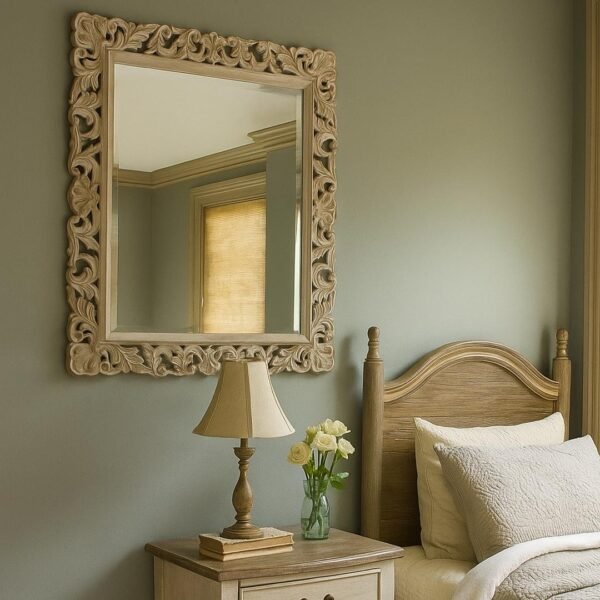 Royal Gaze: Handcarved Mango Wood Mirror in Rectangular Shape - Wooden Slice