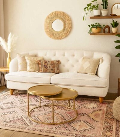 Elegant handcrafted mango wood tufted sofa in white fabric with classic rolled arms and wooden legs