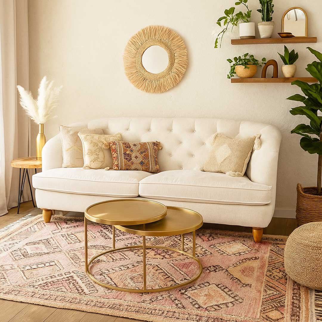 Elegant handcrafted mango wood tufted sofa in white fabric with classic rolled arms and wooden legs