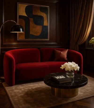 Compact handcrafted mango wood curved sofa in rich maroon fabric for modern living spaces