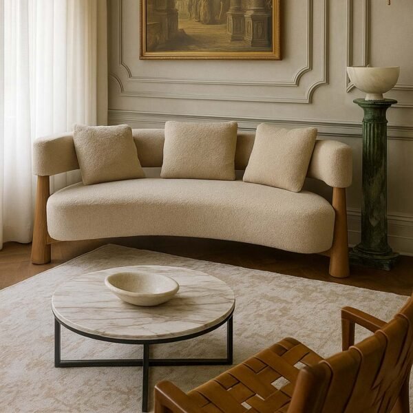 Contemporary handcrafted mango wood sofa with curved backrest, minimalist frame, and cozy fabric cushions