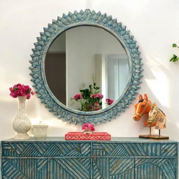 Veloura Handcrafted Round Mango Wood Mirror – Rustic Wall Mirror with Natural Wood Grain Finish- Wooden Slice